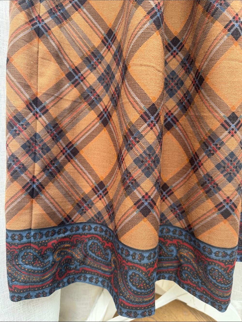 1980 Ralph Lauren brown plaid midi skirt blue paisley border hem - Picture 3 of 10